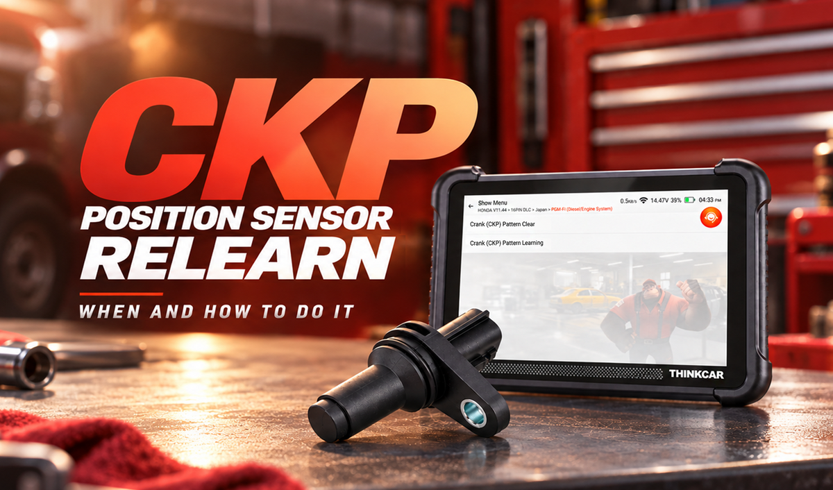 Crankshaft position sensor relearn guide featuring a CKP sensor and a diagnostic scan tool