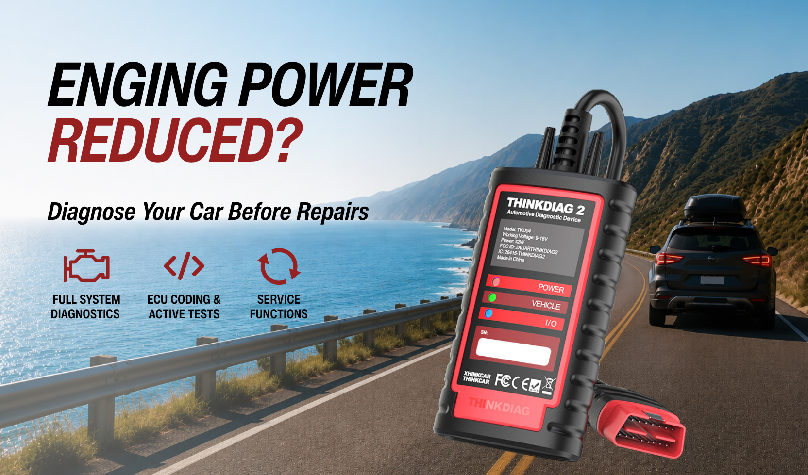 THINKDIAG 2 OBD2 scanner diagnosing engine power reduced issues during a road trip with full system diagnostics, ECU coding, and service functions