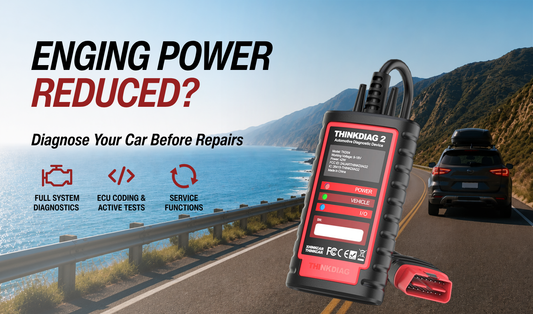 THINKDIAG 2 OBD2 scanner diagnosing engine power reduced issues during a road trip with full system diagnostics, ECU coding, and service functions