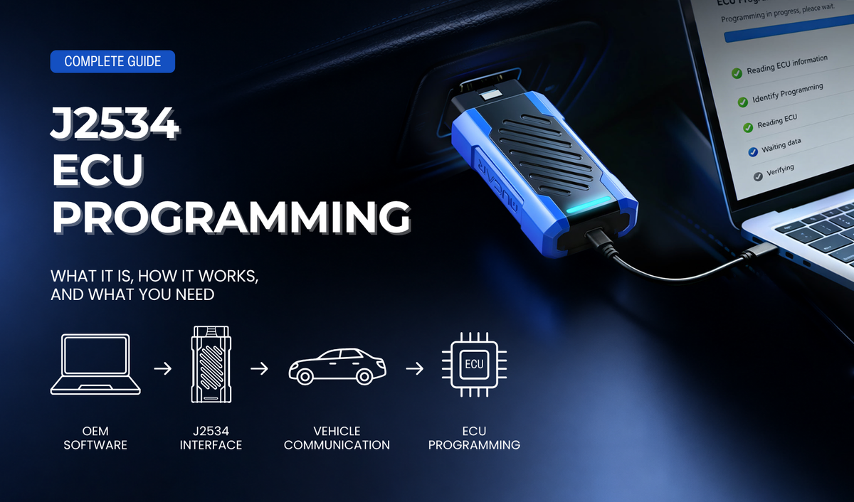 J2534 ECU programming guide showing OEM software, J2534 interface, vehicle communication, and ECU programming workflow