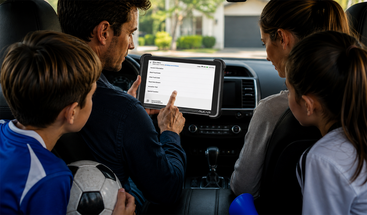 OBD2 scanner diagnosing a crank no start issue before a family road trip