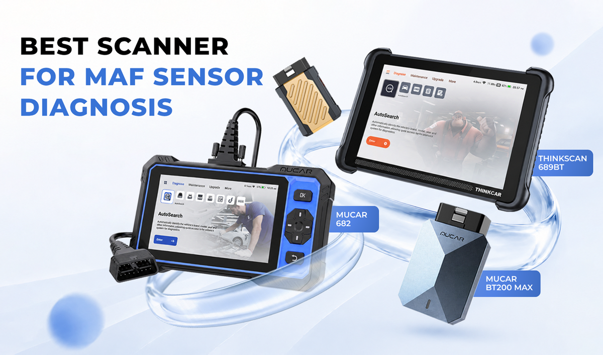 THINKSCAN 689BT, MUCAR 682, and MUCAR BT200 MAX compared as automotive diagnostic tools for live data, MAF diagnosis, and OBD2 diagnostics