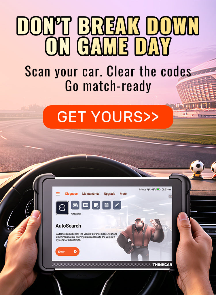 THINKCAR ThinkScan 689BT OBD2 scanner checking car codes with text: 'Don't break down on game day. Go match-ready.'